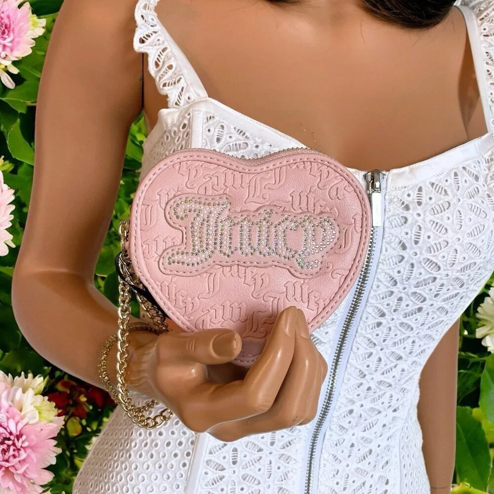 Juicy Couture Pink Diamonds & Pearls Heart Shape Logo Gold Chain Wristlet Bag